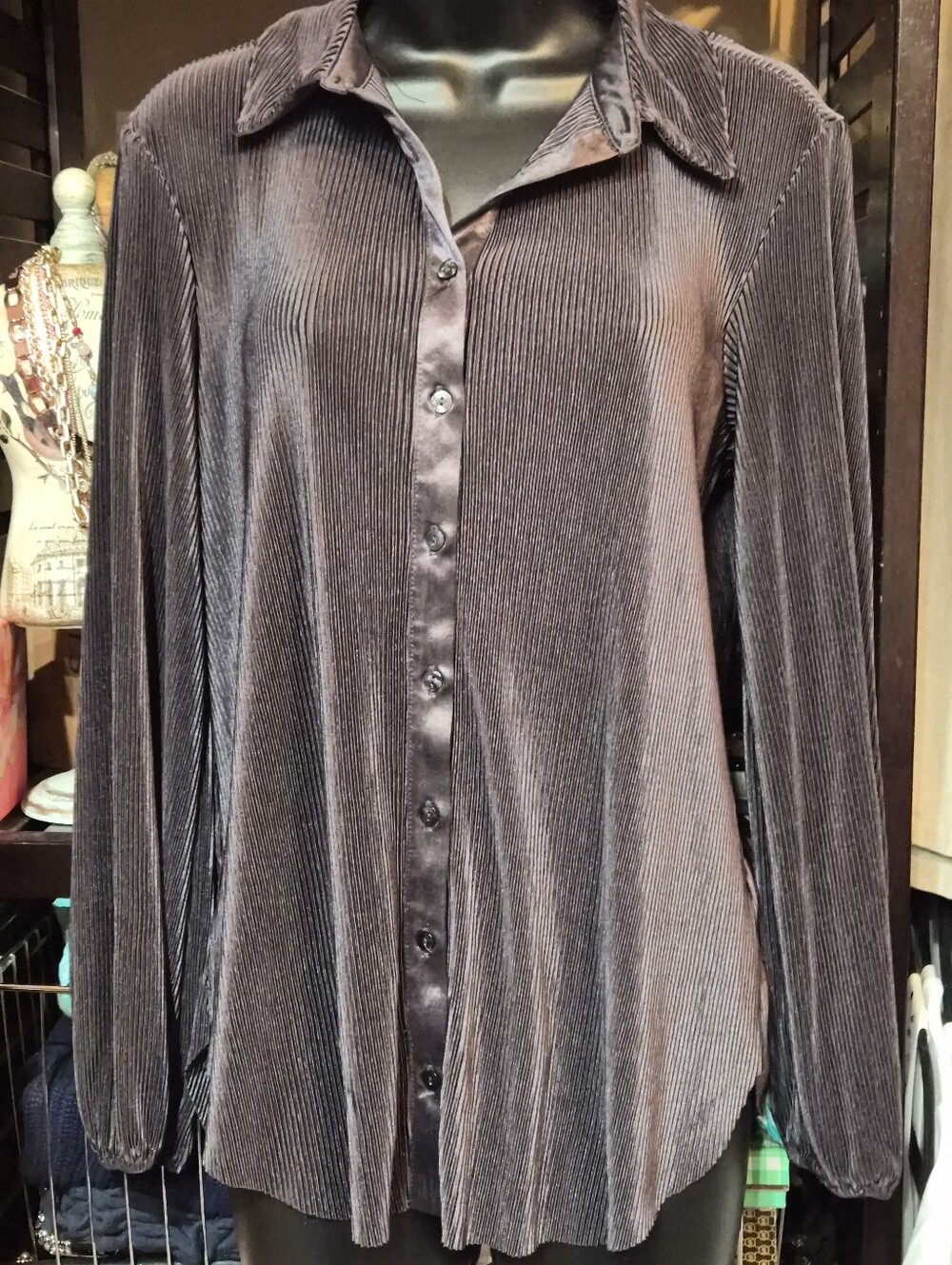 RO&DE Steel Gray Plisse Pleated Button-up Blouse Size Medium